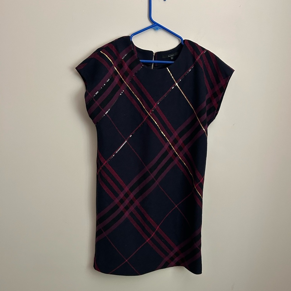 Designer Wool Tartan Plaid Shift Dress Size 6 with Sequin Detail